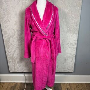 Victoria's Secret Womens Hot Pink Plush Fleece Long Robe Medium Pockets Belted